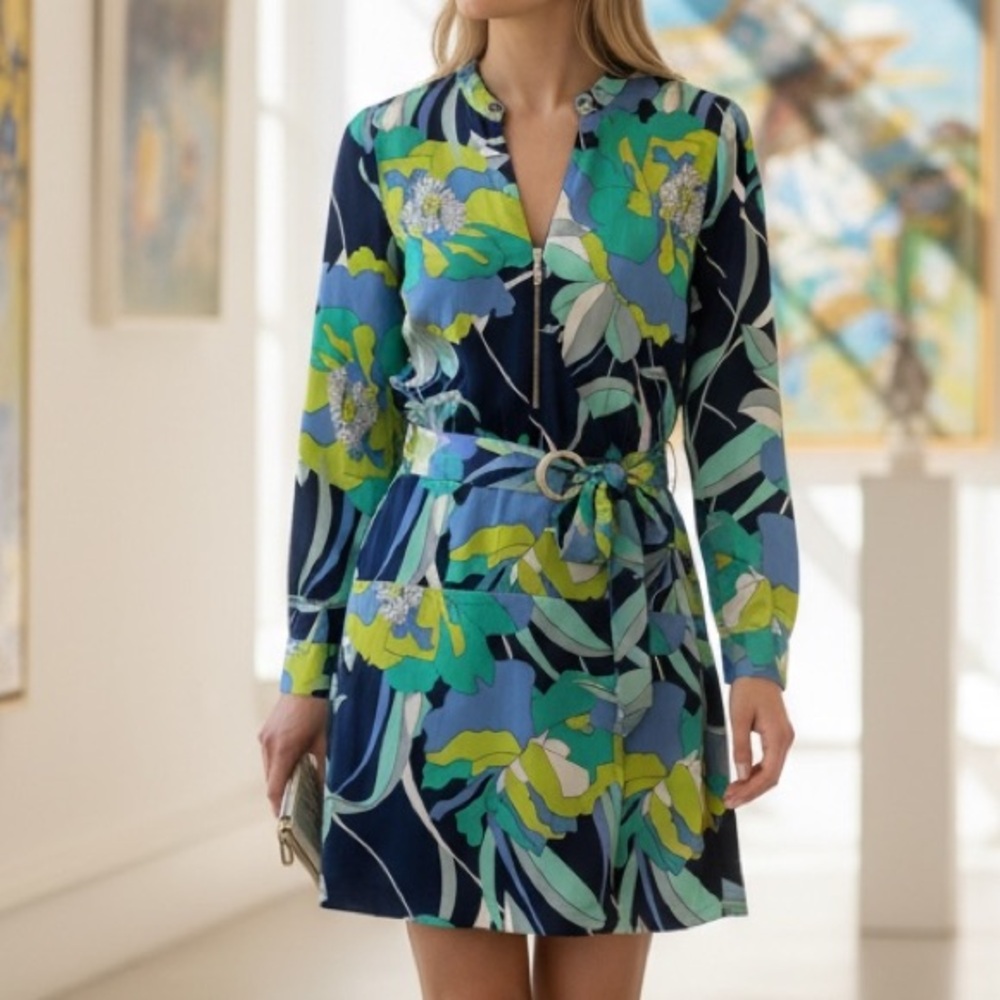 NWOT Marciano Navy and Lime Floral Long Sleeve Dress tag price-$228